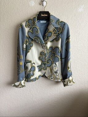 Emilio Pucci Blue & Cream Printed Silk-Blend Blazer